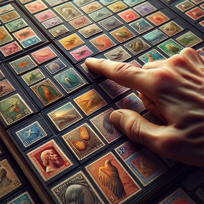 finger pointing at stamp collection